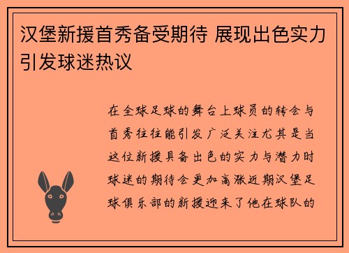 汉堡新援首秀备受期待 展现出色实力引发球迷热议